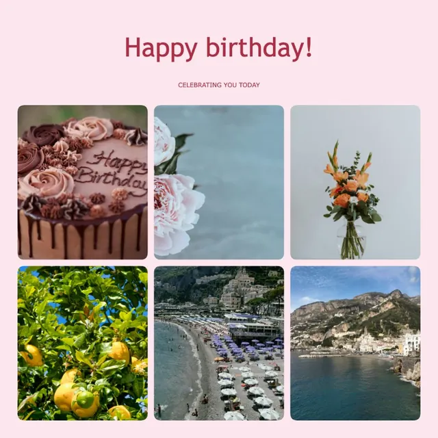 A birthday collage with a cake photo and a greeting