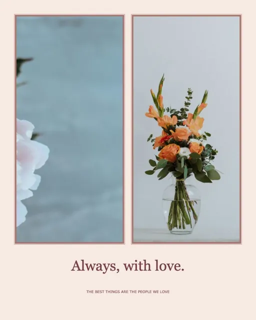 A love collage of two photos in a soft rose layout with a fine double frame and the words Always, with love.