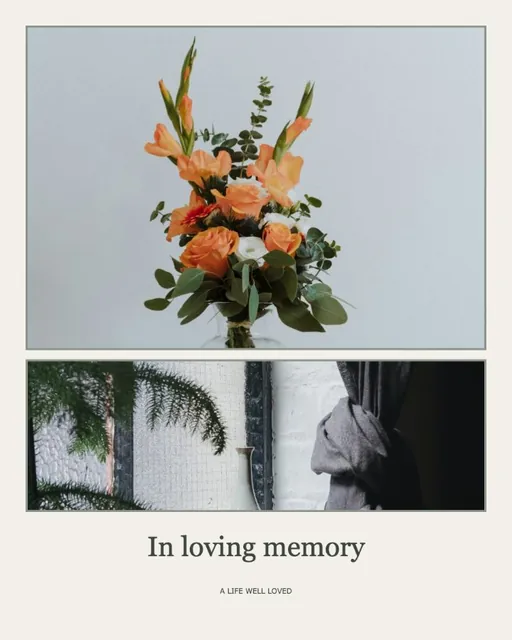A memorial collage with one large portrait in a cream frame under the words In loving memory.